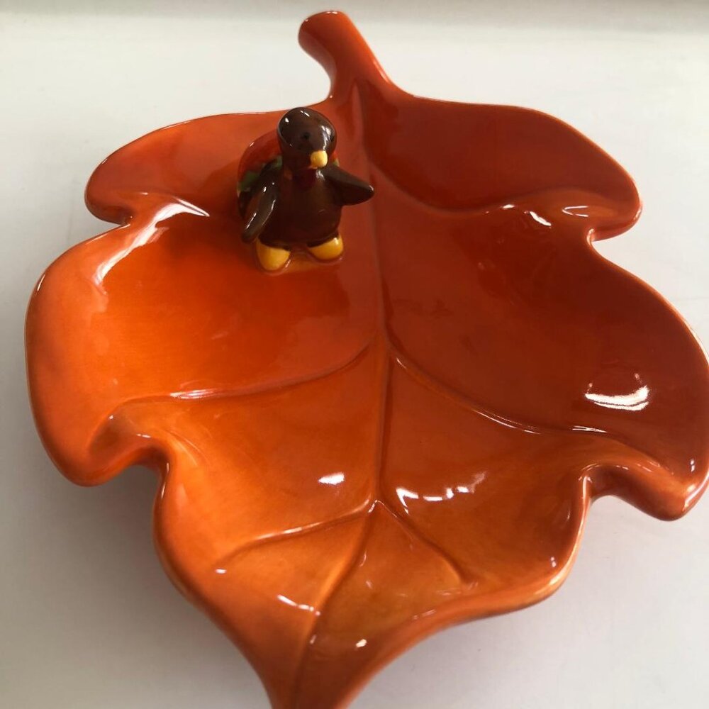 Russ, Adorable, Ceramic, Orange Leaf Trinket Dish with Small Turkey, appx 6"x7"
